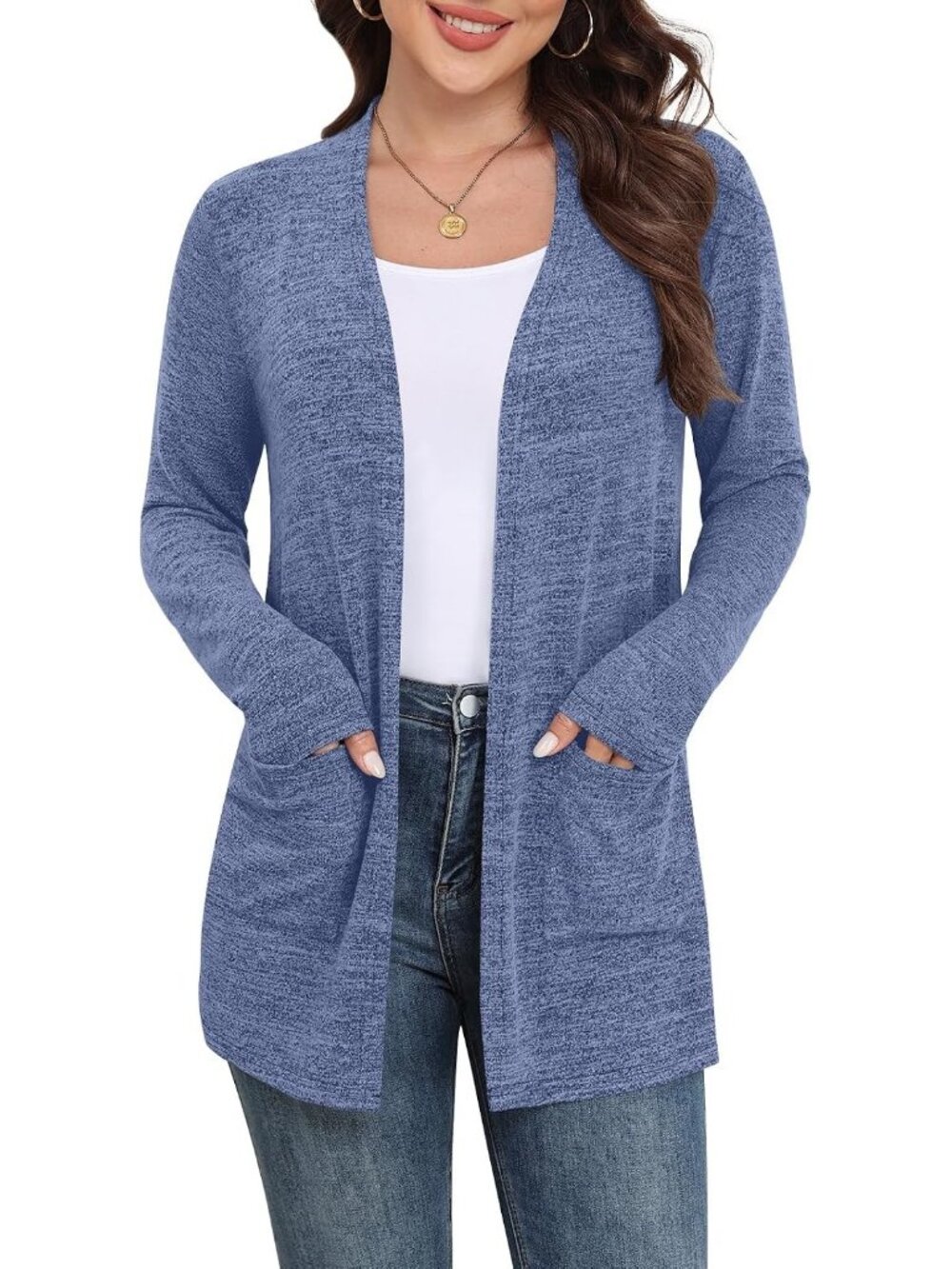Women's Navy Blue Casual Cardigan Long Sleeve Open Front with Pockets Sweater